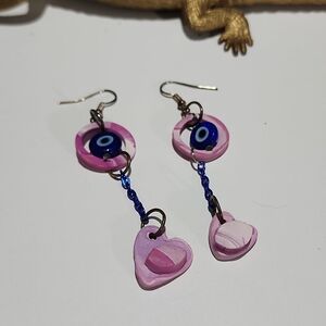 Pink and Blue Evil Eye Heart Earrings